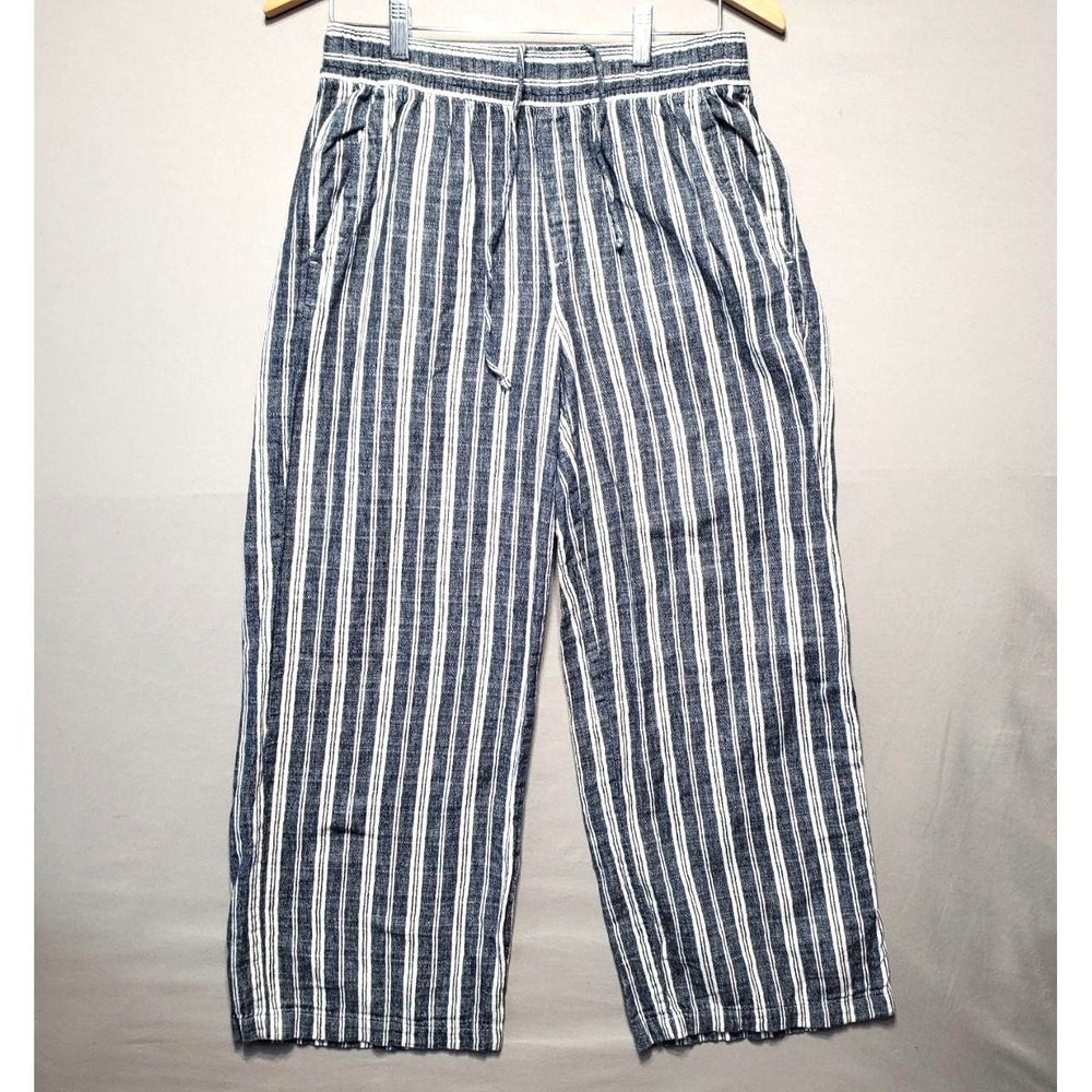 Old Navy High Rise Wide Leg Ankle Linen Cotton Pants Womens Small Blue Striped